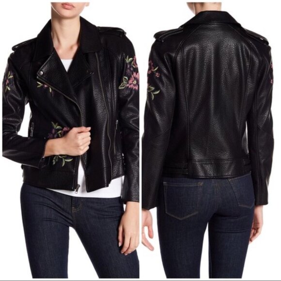 BB Dakota Jackets & Blazers - BB Dakota Baxley Faux Leather Floral Embroidered Biker Jacket Size S